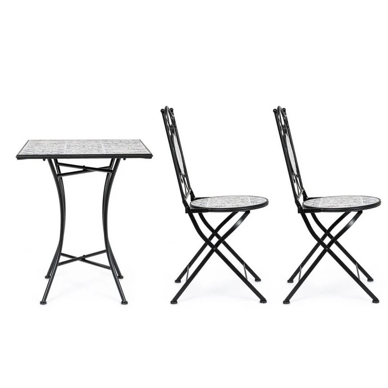 Set da 3 pezzi tavolo quadrato e sedie pieghevoli in acciaio con ceramica da esterno - BYZANTINE
