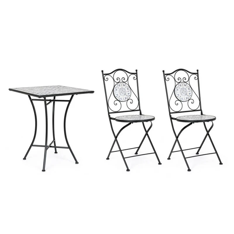 Set da 3 pezzi tavolo quadrato e sedie pieghevoli in acciaio con ceramica da esterno - BYZANTINE