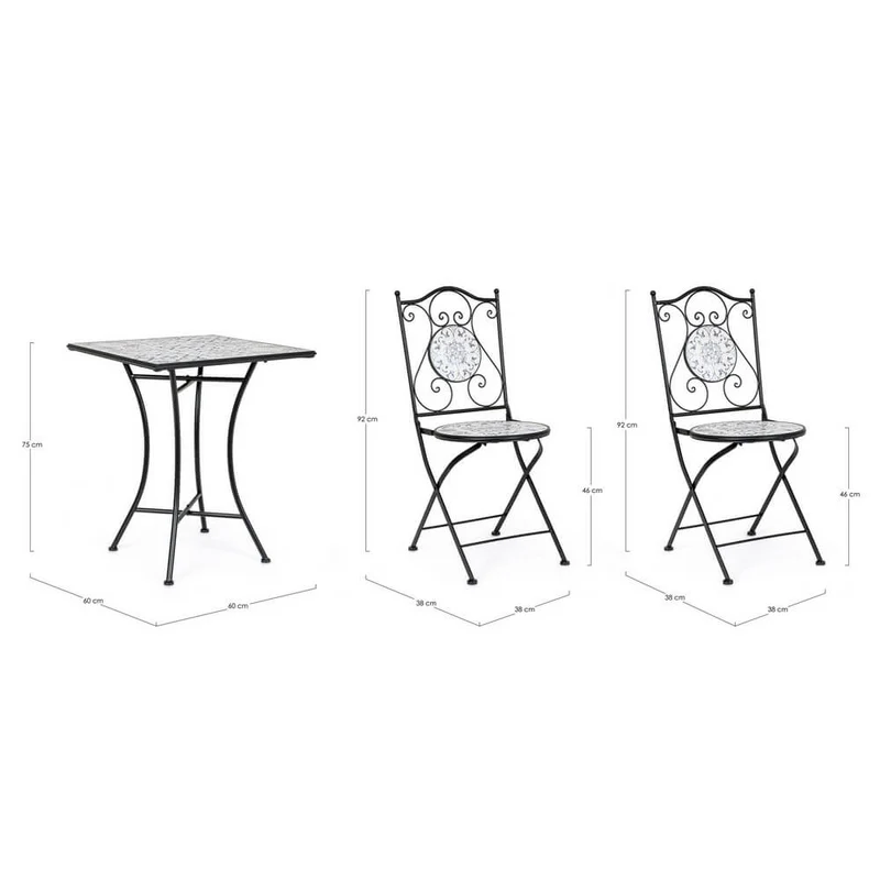 Set da 3 pezzi tavolo quadrato e sedie pieghevoli in acciaio con ceramica da esterno - BYZANTINE