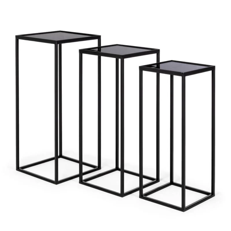 Set da 3 Tavolini Alti in Acciaio Nero con Piano in Vetro - ZOEY