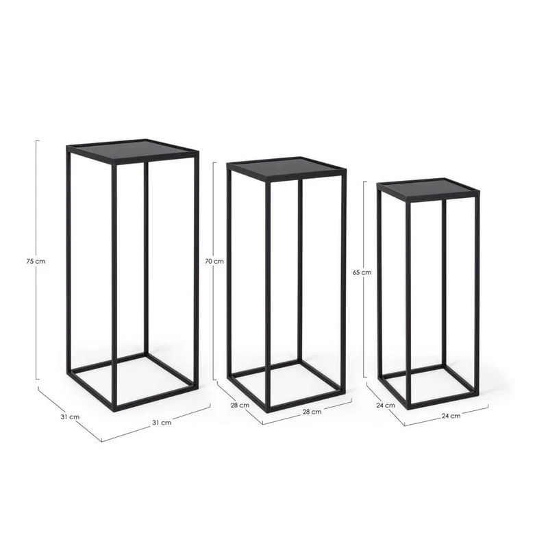 Set da 3 Tavolini Alti in Acciaio Nero con Piano in Vetro - ZOEY