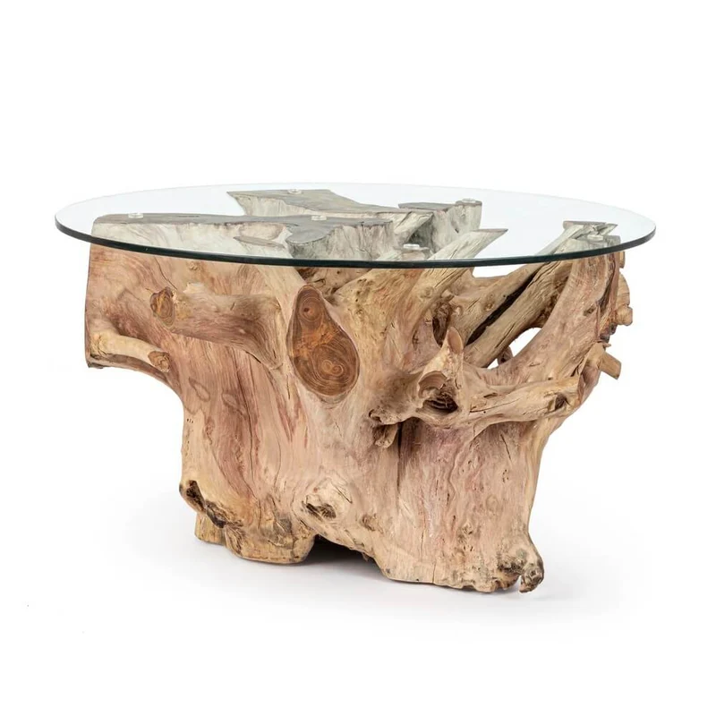 Tavolino in Radici di Teak con Piano in Vetro Rotondo - XANDER