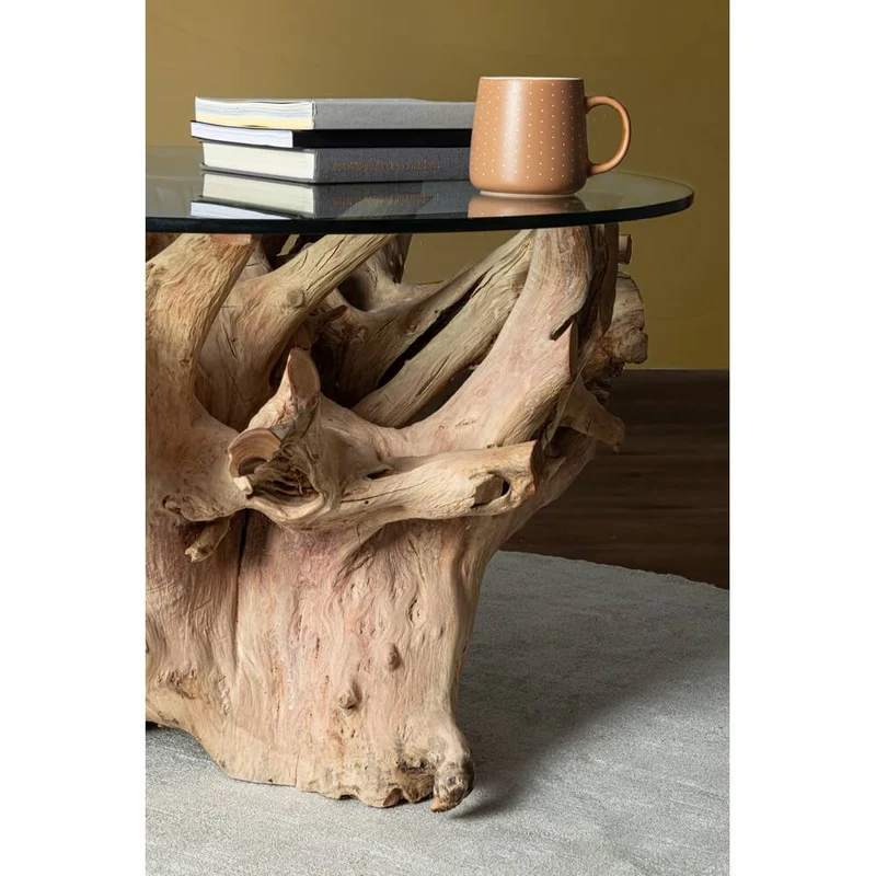 Tavolino in Radici di Teak con Piano in Vetro Rotondo - XANDER