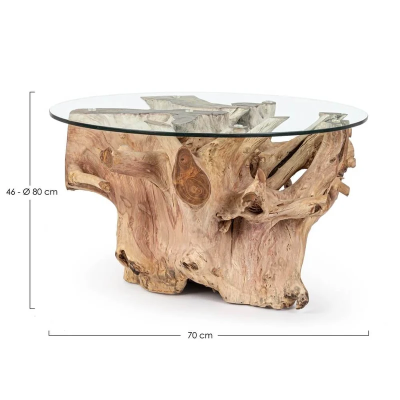 Tavolino in Radici di Teak con Piano in Vetro Rotondo - XANDER