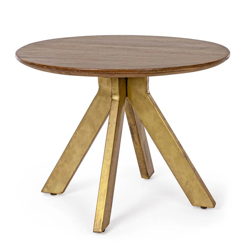 Tavolino rotondo in legno di mango con gambe in acciaio dorato - WESLEY