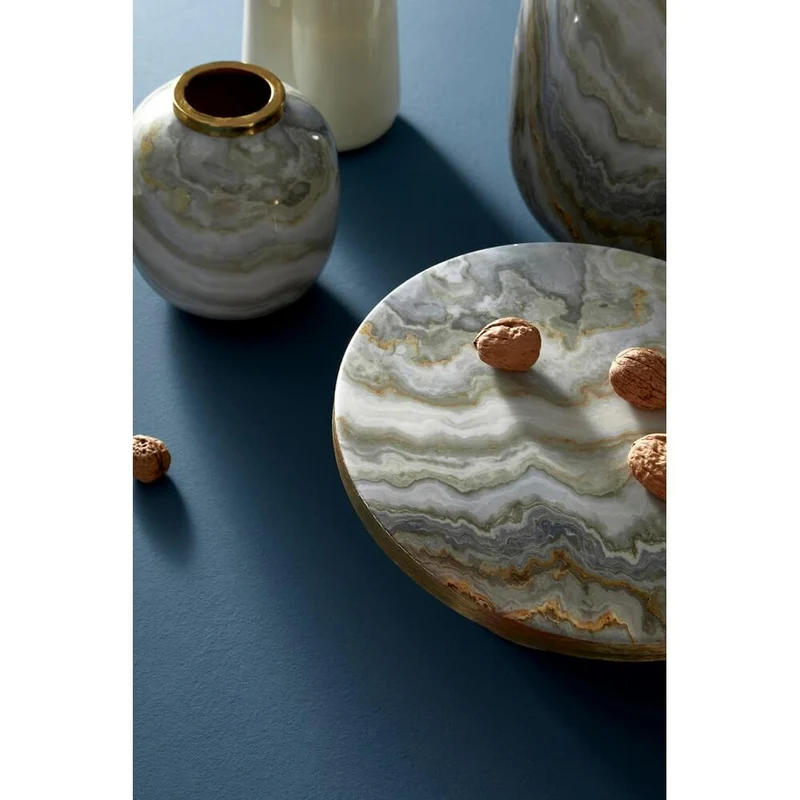 Set di 2 Alzate Decorative Rotonde Effetto Marmo con Bordo Dorato - VERA