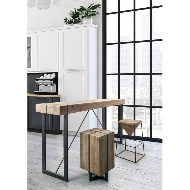 Tavolo Bar Industrial Legno Abete e Acciaio 200x50 cm - THEO
