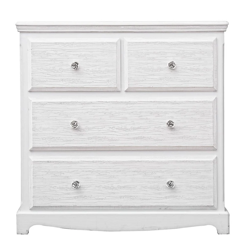Cassettiera in legno 4 cassetti stile shabby chic bianco decapato - BLAINE