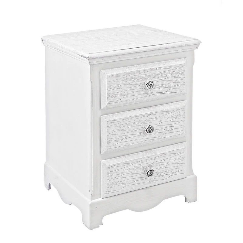 Comodino in MDF bianco decapato con 3 cassetti e maniglie floreali - BLAINE