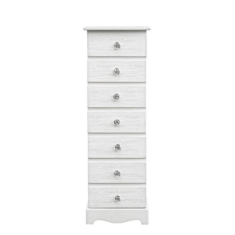 Cassettiera alta 7 cassetti bianca shabby chic con maniglie a rosa - BLAINE