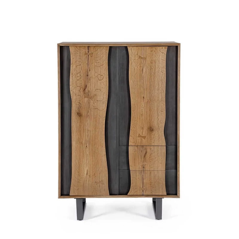 Mobile alto in legno rovere con 2 ante e 2 cassetti gambe in acciaio - BRAMBLE