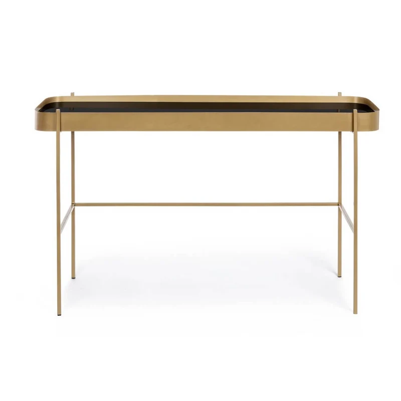 Consolle in Acciaio Dorato con Piano in Vetro Nero 120x43 - ANTONIO