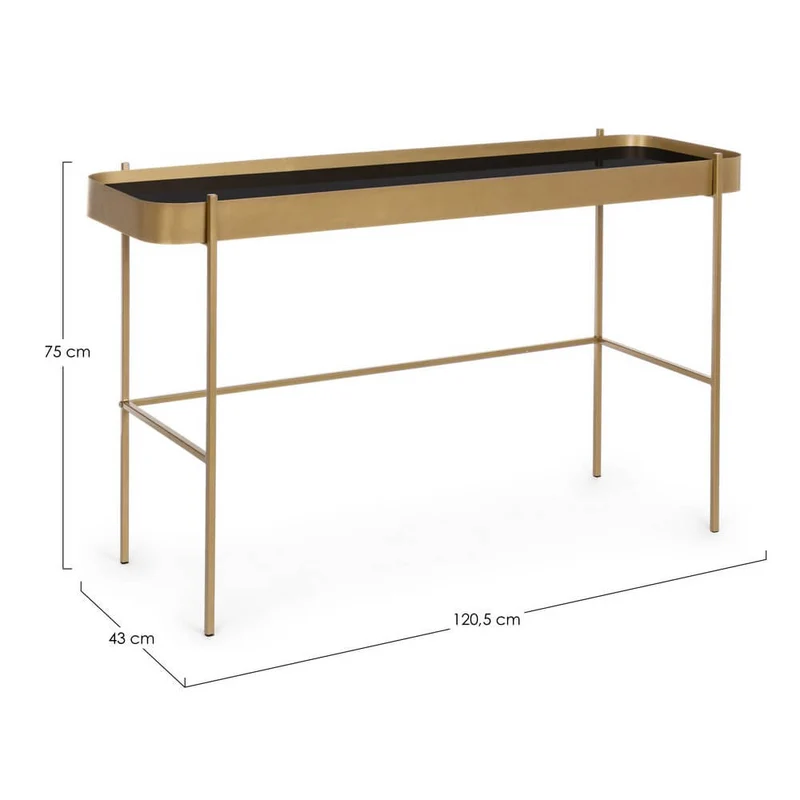 Consolle in Acciaio Dorato con Piano in Vetro Nero 120x43 - ANTONIO