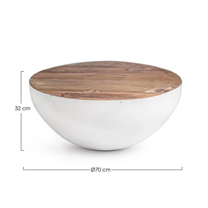 Tavolino Rotondo in Acciaio e Legno Riciclato Base Semisfera - ZEN