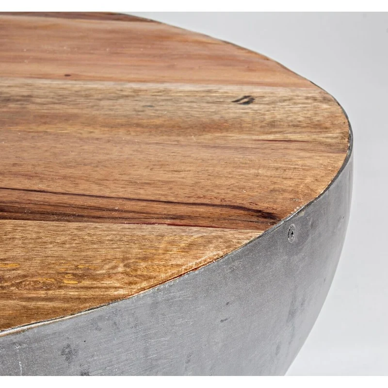 Tavolino Rotondo in Acciaio e Legno Riciclato Base Semisfera - ZEN