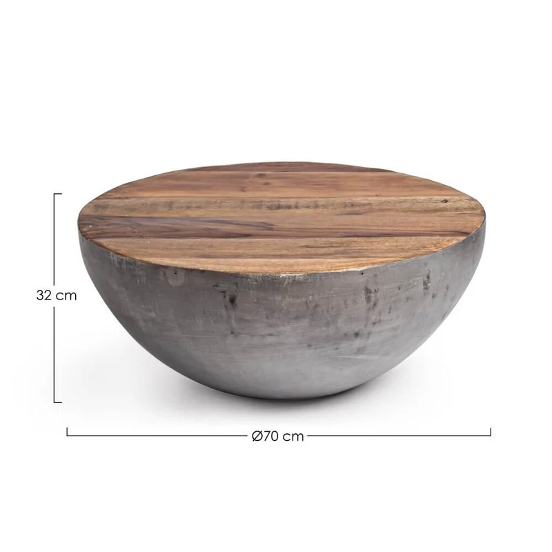 Tavolino Rotondo in Acciaio e Legno Riciclato Base Semisfera - ZEN