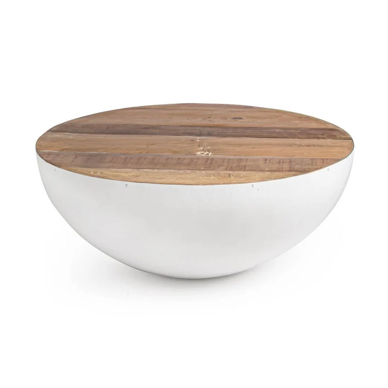 Tavolino Rotondo in Acciaio e Legno Riciclato Base Semisfera - ZEN