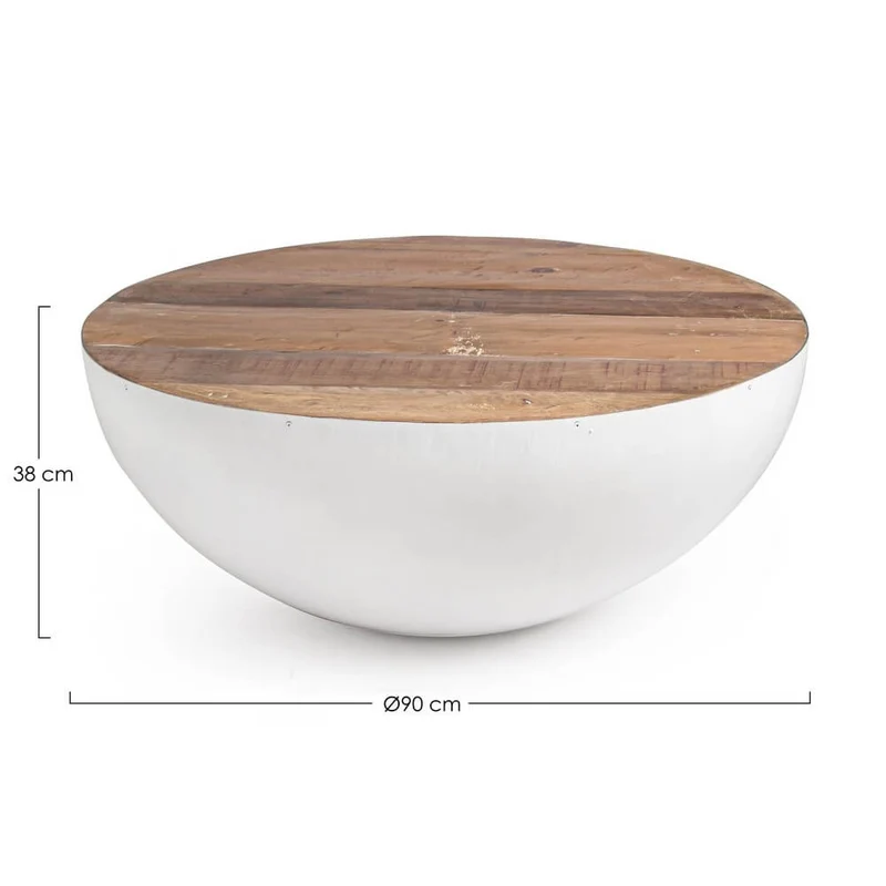 Tavolino Rotondo in Acciaio e Legno Riciclato Base Semisfera - ZEN