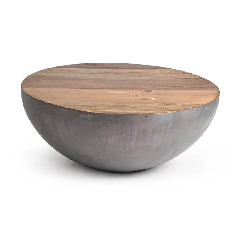 Tavolino Rotondo in Acciaio e Legno Riciclato Base Semisfera - ZEN