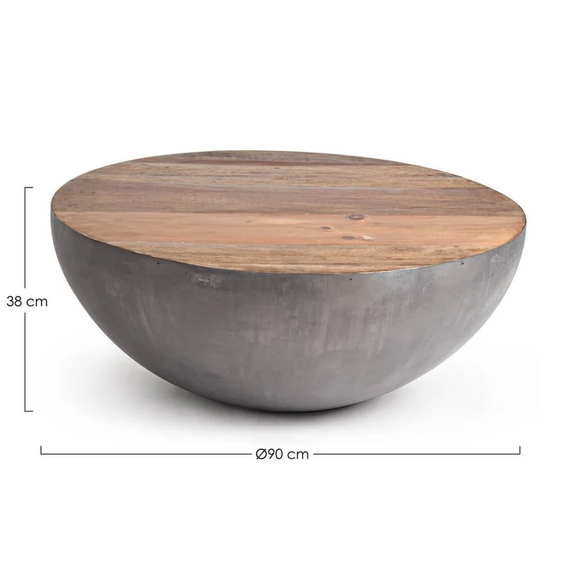 Tavolino Rotondo in Acciaio e Legno Riciclato Base Semisfera - ZEN