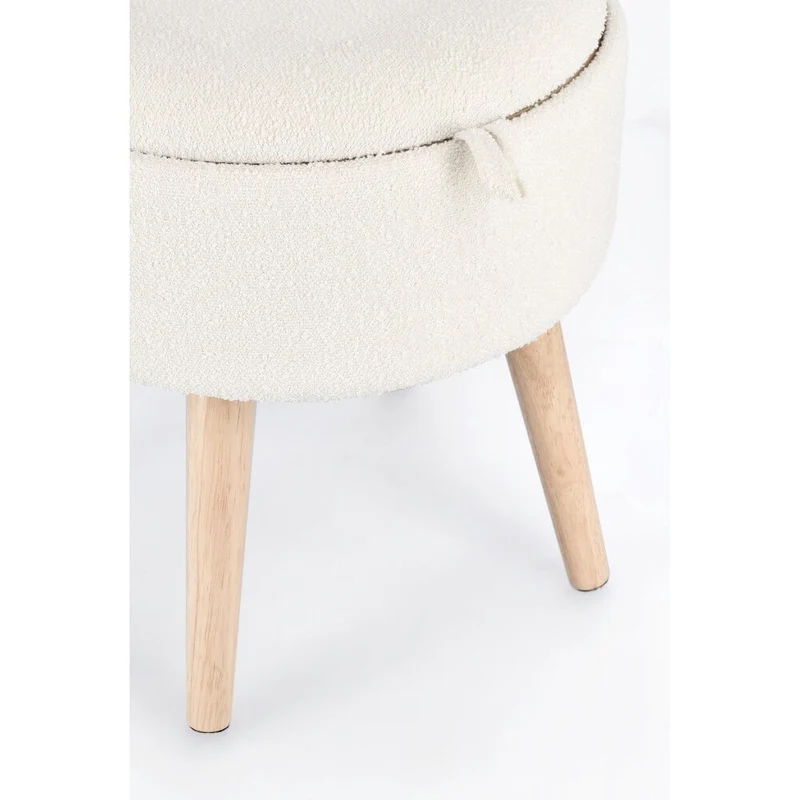 Sgabello contenitore rotondo bouclé bianco con vassoio in legno - BRIAR