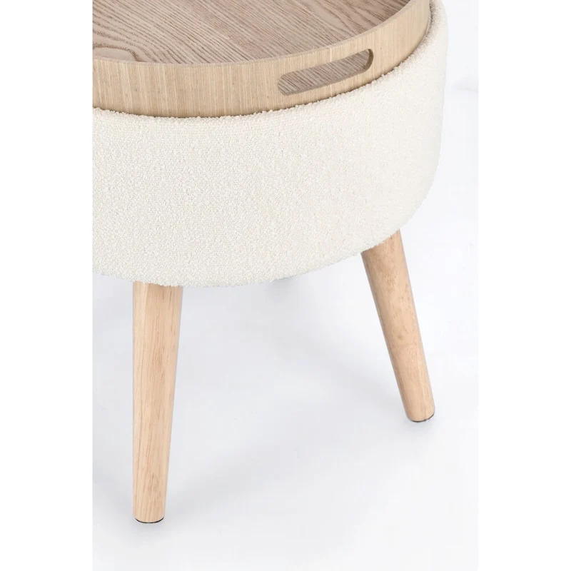 Sgabello contenitore rotondo bouclé bianco con vassoio in legno - BRIAR