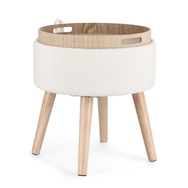 Sgabello contenitore rotondo bouclé bianco con vassoio in legno - BRIAR