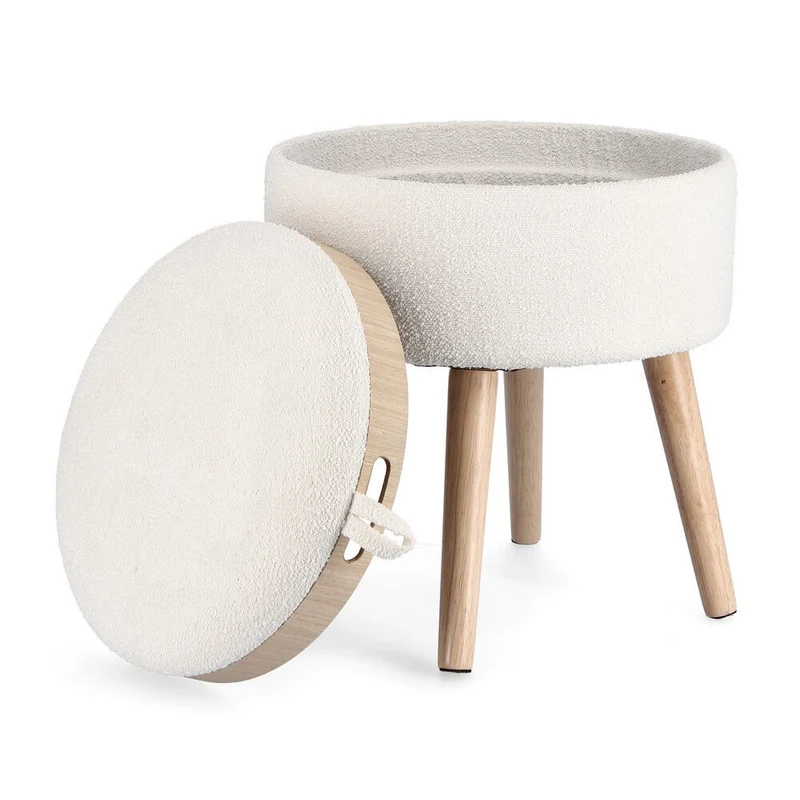 Sgabello contenitore rotondo bouclé bianco con vassoio in legno - BRIAR