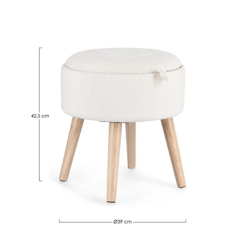 Sgabello contenitore rotondo bouclé bianco con vassoio in legno - BRIAR