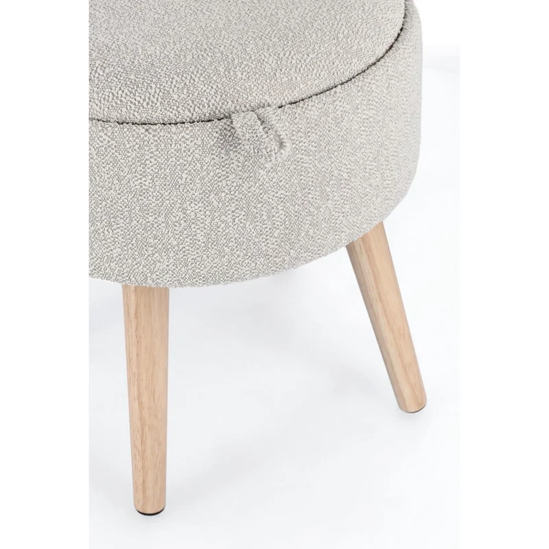 Sgabello contenitore rotondo bouclé bianco con vassoio in legno - BRIAR
