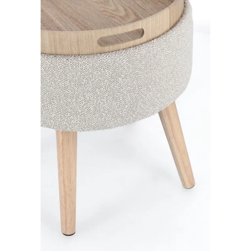 Sgabello contenitore rotondo bouclé bianco con vassoio in legno - BRIAR