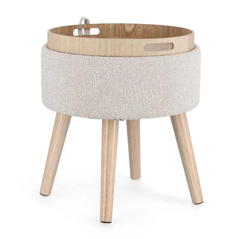 Sgabello contenitore rotondo bouclé bianco con vassoio in legno - BRIAR