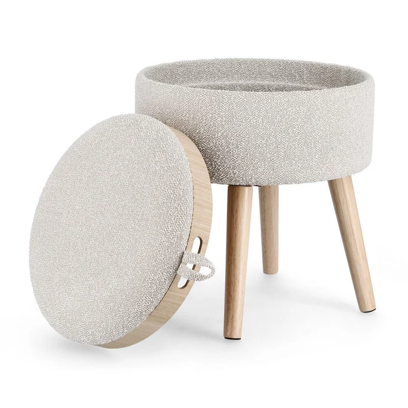 Sgabello contenitore rotondo bouclé bianco con vassoio in legno - BRIAR