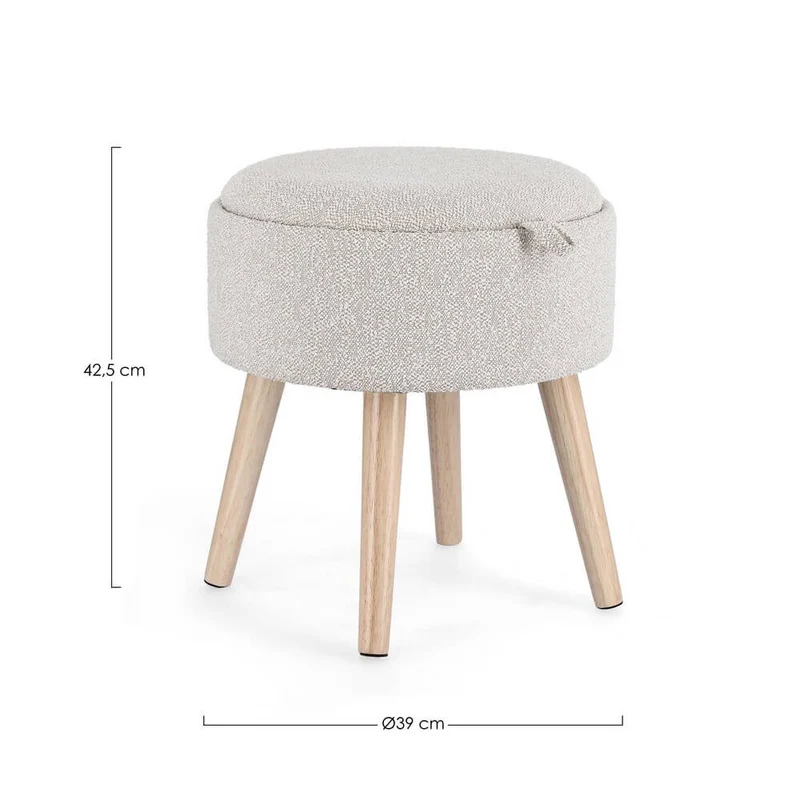 Sgabello contenitore rotondo bouclé bianco con vassoio in legno - BRIAR