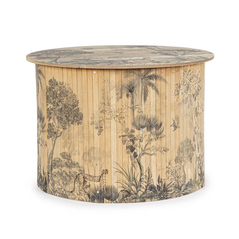 Tavolino rotondo in bambù con stampa jungle stile toile - STARDUST