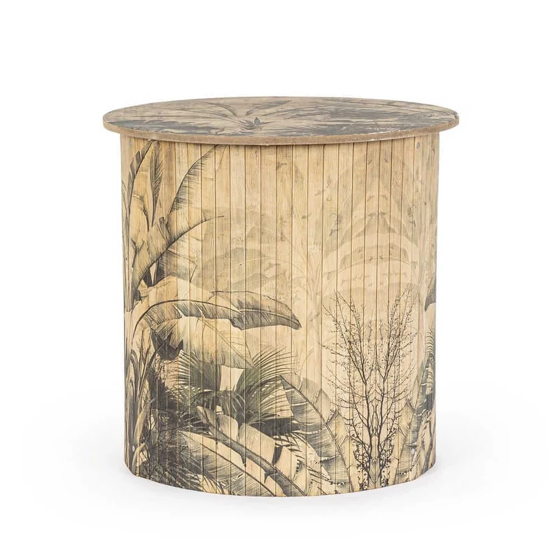 Tavolino rotondo in bambù con stampa foglie tropicali 40x40 cm - NIPPON BAMBOO