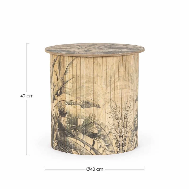 Tavolino rotondo in bambù con stampa foglie tropicali 40x40 cm - NIPPON BAMBOO
