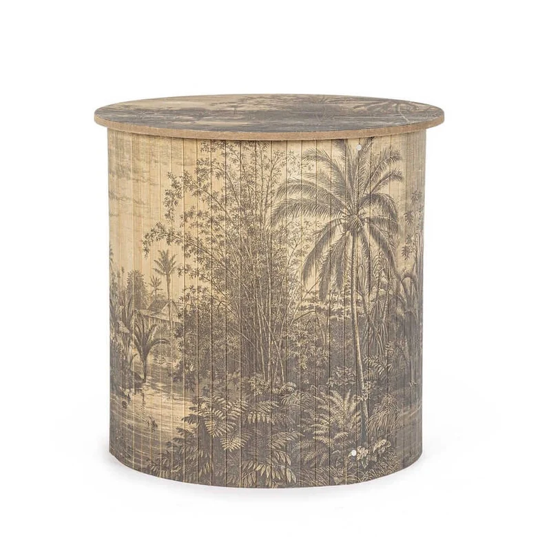 Tavolino Rotondo in Bambù con Stampa Tropicale 40x40 cm - NIPPON BAMBOO