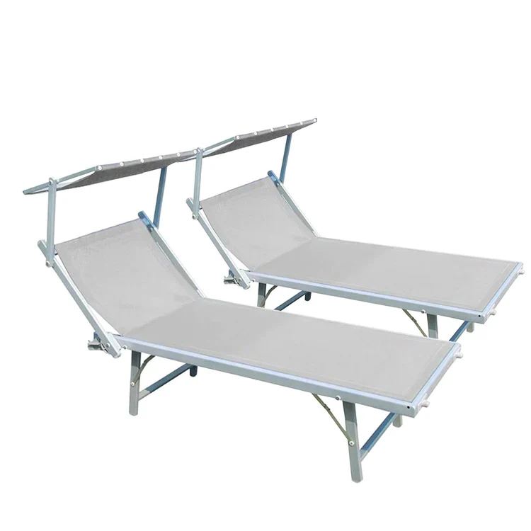 buybuy Lettini Mare Stabilimento Pieghevoli Professionali In Alluminio Con Tetto Parasole E Rivestimento In Textilene Beige Spiaggia Piscina E Giardino Set Da 2 (Telaio Argentato Textilene Beige)