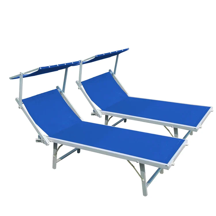 buybuy Lettini Mare Stabilimento Pieghevoli Professionali In Alluminio Con Tetto Parasole E Rivestimento In Textilene Blu Spiaggia Piscina E Giardino Set Da 2 (Telaio Argentato Textilene Blu)