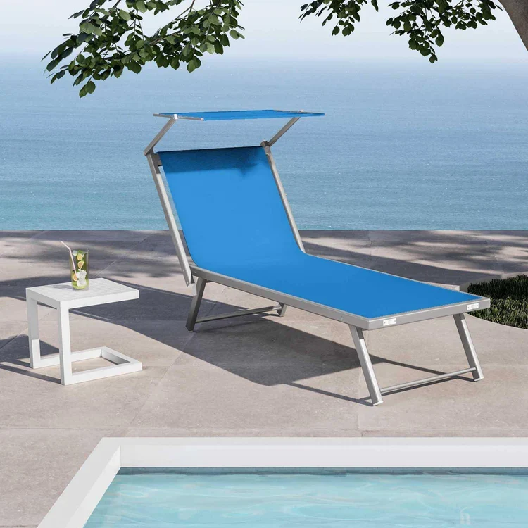 buybuy Lettini Mare Stabilimento Pieghevoli Professionali In Alluminio Con Tetto Parasole E Rivestimento In Textilene Blu Spiaggia Piscina E Giardino Set Da 2 (Telaio Argentato Textilene Blu)