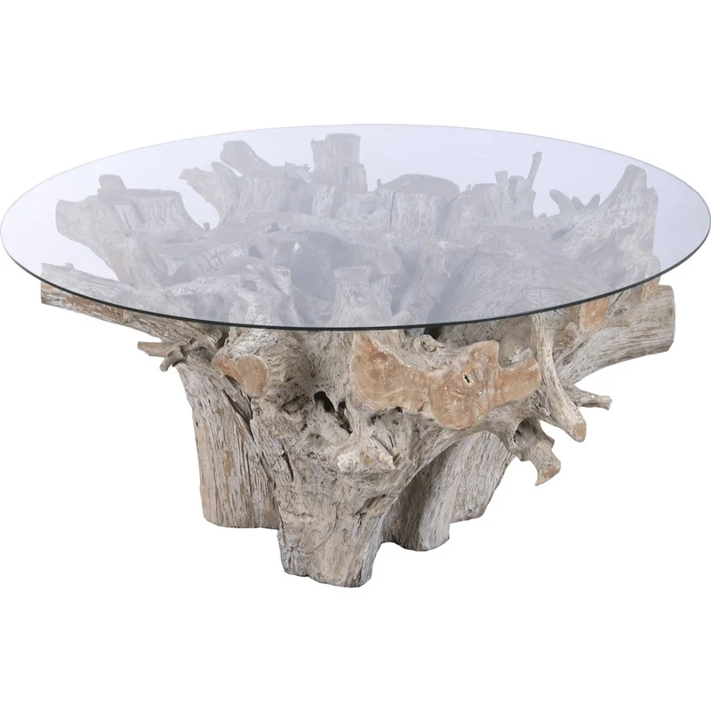 Tavolo Rotondo di lusso in radice di teak e cristallo Scultoreo