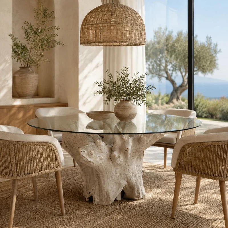 Tavolo Rotondo di lusso in radice di teak e cristallo