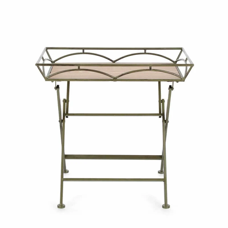 Set di 2 tavolini pieghevoli in metallo bianco e MDF effetto legno - NAO