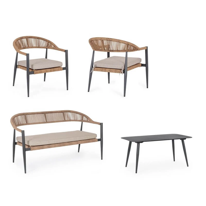 Salotto da Giardino 4 Pezzi con Cuscini in Alluminio e Fibra Sintetica Intrecciata - ELARIA
