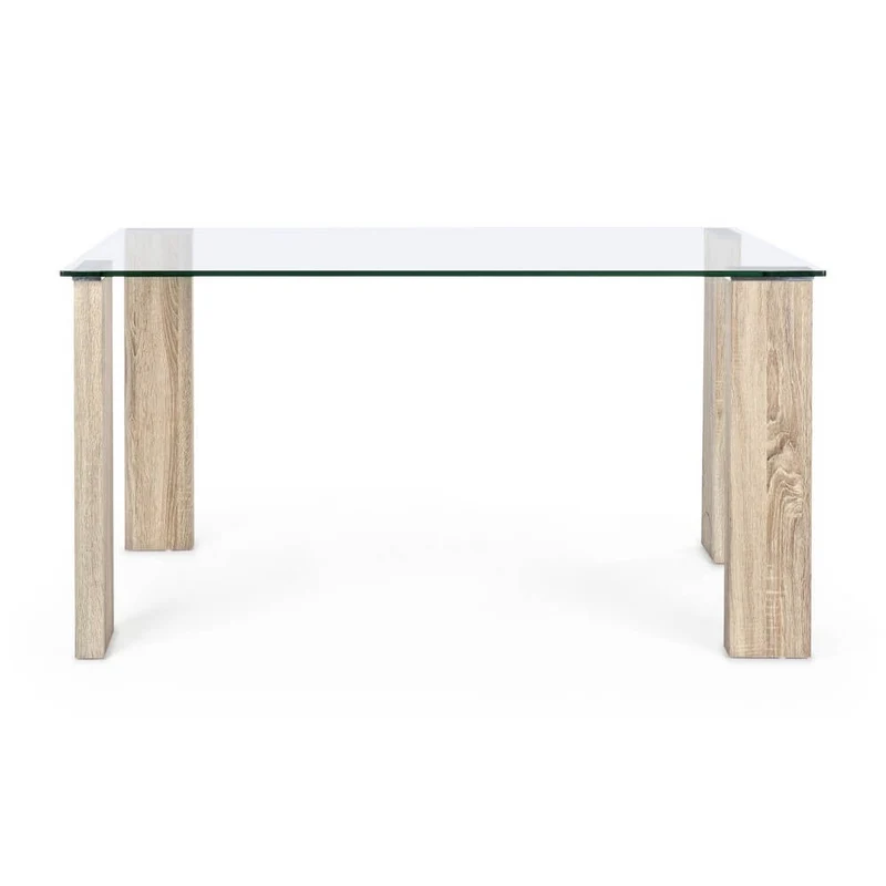 Tavolo da Pranzo Piano in Vetro Temperato con Gambe Effetto Legno - FELIX