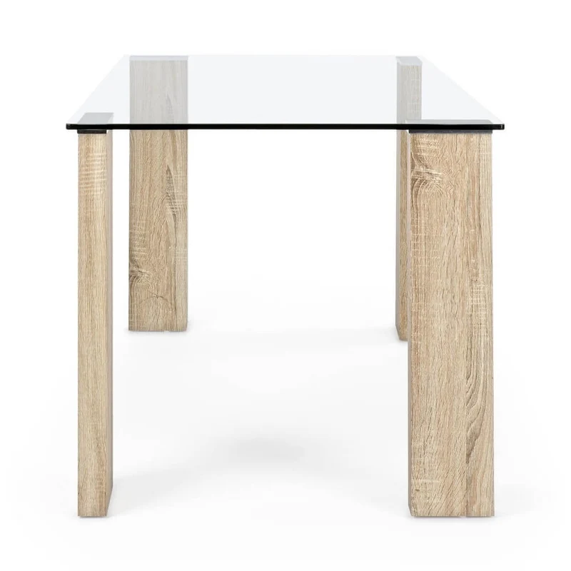 Tavolo da Pranzo Piano in Vetro Temperato con Gambe Effetto Legno - FELIX
