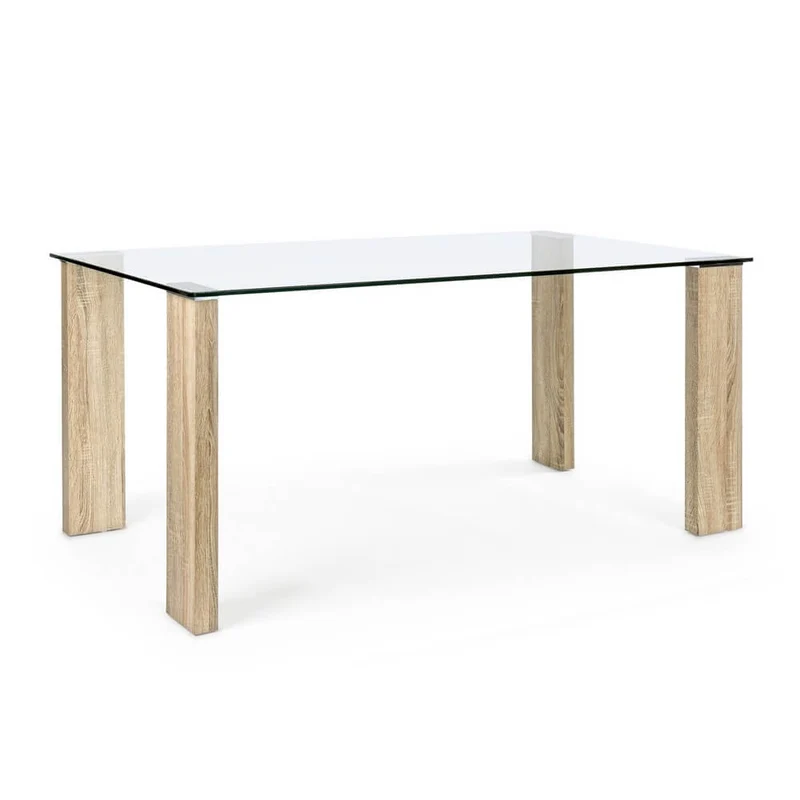 Tavolo da Pranzo Piano in Vetro Temperato con Gambe Effetto Legno - FELIX