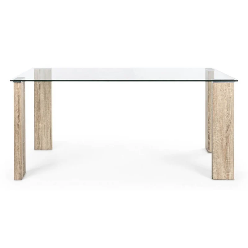 Tavolo da Pranzo Piano in Vetro Temperato con Gambe Effetto Legno - FELIX