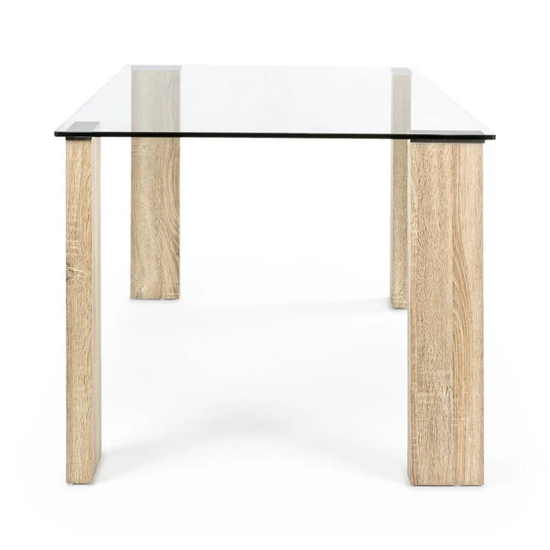 Tavolo da Pranzo Piano in Vetro Temperato con Gambe Effetto Legno - FELIX